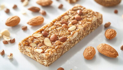Protein bar lying on white surface with almonds around