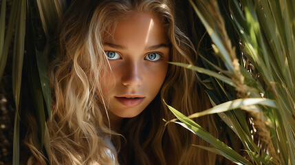 Naklejka premium portrait of a beautiful girl with green leaves
