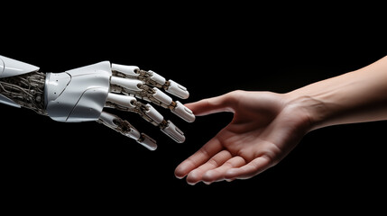 Robot hand making contact with human hand. Technology robot AI meets human person