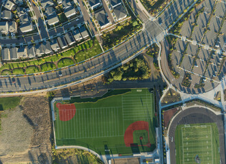 A baseball field with a red circle on it