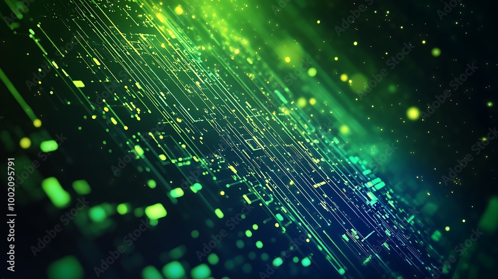Poster Abstract green and yellow digital background with glowing lines and particles.