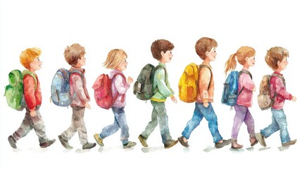 Obraz premium A colorful watercolor illustration of children walking in a line, each carrying a backpack, symbolizing adventure and friendship.