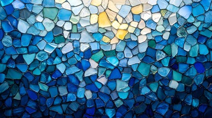 A mosaic wall of sea glass shaped like vibrant fish swimming, illuminated by sunlight, showcasing deep blues and bright greens, Illustration, High Detail