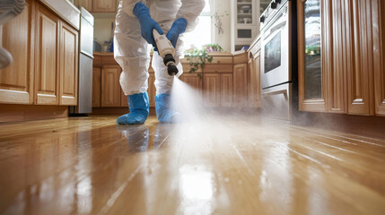 Cleaning and sanitizing kitchen floor with professional sprayer, showcasing gloved individual in protective gear. focus is on hygiene and safety in home environment