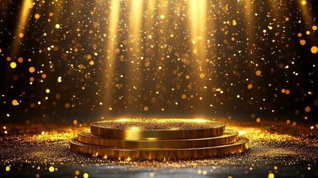 Golden Podium with Spotlights and Glowing Lights