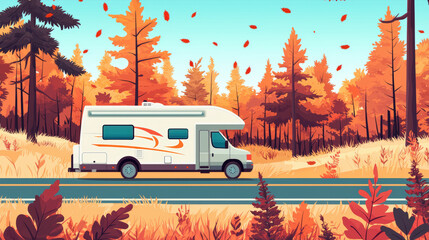 recreational vehicle travels along scenic road surrounded by vibrant autumn foliage, creating picturesque travel experience in nature