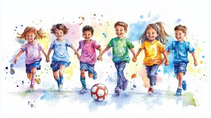 A vibrant watercolor illustration of children joyfully running while holding hands, capturing the essence of childhood fun.