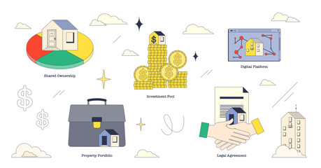 Fractional real estate and shared ownership tiny neubrutalism collection set, transparent background. Labeled elements with investment pool, digital platform.