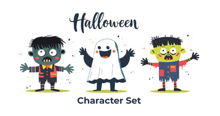Cute Halloween Character Set Featuring Zombie and Ghost