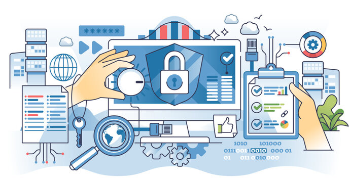 Cybersecurity training for information protection outline hands concept, transparent background.