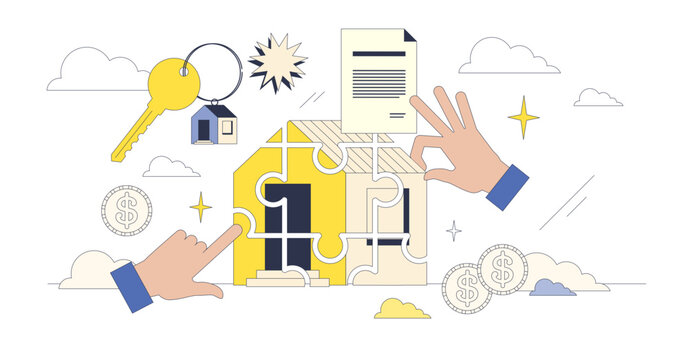 Fractional real estate and shared ownership neubrutalism hands collection set, transparent background. Investor buy part of house property to share risks and profit together illustration.