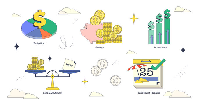Illustration of financial planning concepts like budgeting, savings, investments, debt management, and retirement planning in neubrutalism style collection, transparent background. - Powered by Adobe
