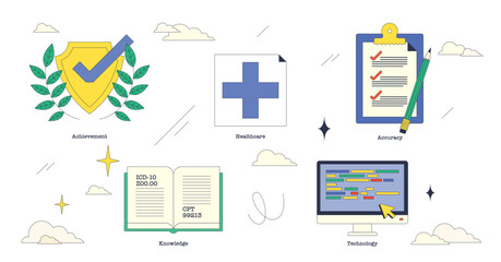 Illustration depicting medical coding certification elements like a shield, cross, and computer in neubrutalism style collection, transparent background.
