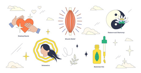 Illustration of massage therapy elements like healing hands, muscle relief, and essential oils in neubrutalism style collection, transparent background.