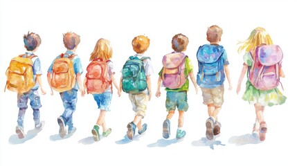 A watercolor illustration of children walking together, showcasing their colorful backpacks and playful spirit.