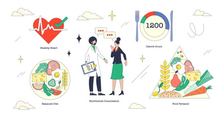 Fototapeta premium Illustration of a nutritional consultation with a balanced diet and calorie count in neubrutalism style collection, transparent background.