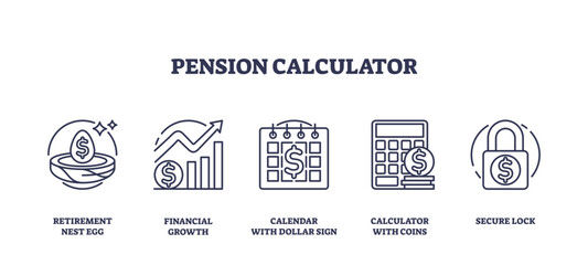 Fototapeta premium Pension calculator and retirement money savings outline icons collection set, transparent background. Labeled elements with elderly financial growth.