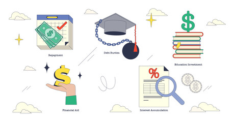 Illustration of student loans with key elements like a graduation cap, money, and documents in neubrutalism style collection, transparent background.