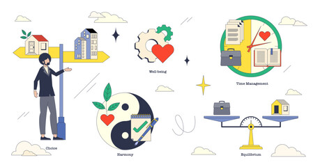 Work life balance for family vs work time management neubrutalism collection set, transparent background. Labeled elements with choice, harmony, well-being and equilibrium illustration.