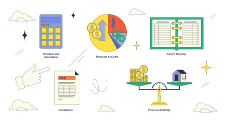 Illustration of financial concepts like calculation, analysis, record keeping, compliance, and stability in neubrutalism style collection, transparent background.