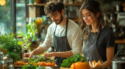 Man and woman in aprons cooking, created with Generative AI technology