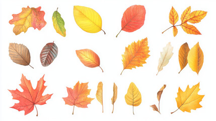 Fototapeta premium A collection of colorful autumn leaves from oak, maple, and chestnut trees. These simple yellow, red, and orange leaves are perfect for patterns, banners, stickers, or greeting cards.