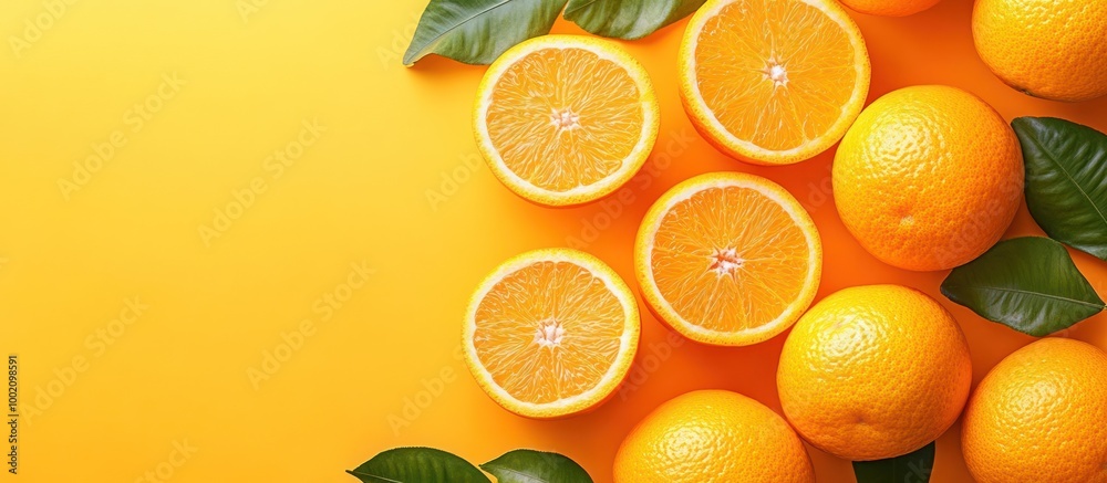 Canvas Prints Orange slices and whole oranges with green leaves on a yellow background.