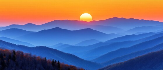 Obraz premium Majestic sunset panorama over rolling blue mountains of the Smoky Mountains in the early evening glow