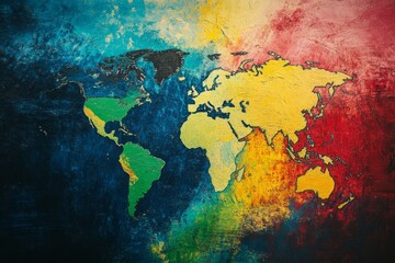 Naklejka premium Colorful world map illustrating different continents in a vibrant artistic style.