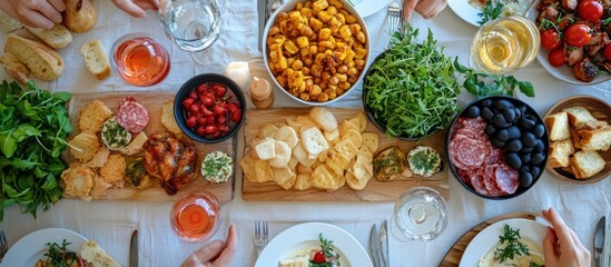 Overhead view of a dinner table with various dishes, including roasted chicken, bread, olives, salad, and wine.