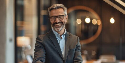 Fototapeta premium happy businessman, dressed in a business suit, exudes joy as he plans strategy with focused attention on the laptop screen in the modern office.
