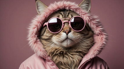 Obraz premium Funny cute hooded cat in a pink jacket and glasses