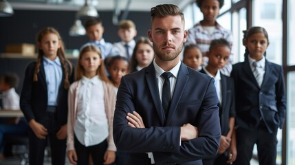 Obraz premium Confident young boys dressed in business attire, standing in an office with serious expressions, emphasizing their ambition and leadership qualities.