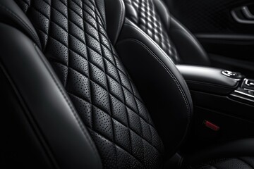 Empty black leather car seat with a diamond pattern stitching