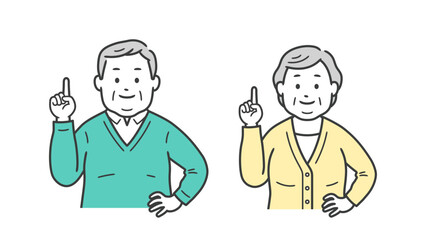 指差しをする高齢者小太り男女の上半身イラスト

