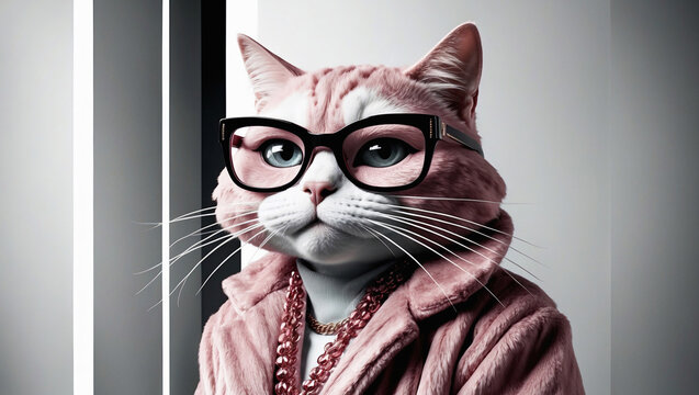 Illustration of a pink cat in glasses and clothes.