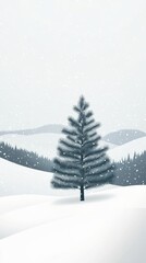 Naklejka premium A tranquil holiday setting showcases a snow-covered pine tree against a minimalist background