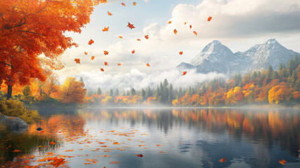 A stunning autumn scene with colorful trees and falling leaves around a peaceful lake. The sky is filled with clouds and mountains rise in the distance.