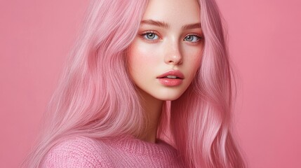 very healthy long shiny hair, color pink, that looks out of a commercial