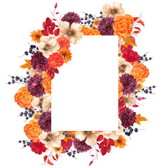 Watercolor hand draw frame with fall bouquet, flowers, berry, leaves and fruits, isolated on transparent background.