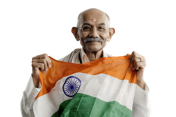 Mahatma Gandhi holding the Indian flag, isolated on transparent background PNG	