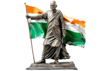 Mahatma Gandhi holding the Indian flag, isolated on transparent background PNG	