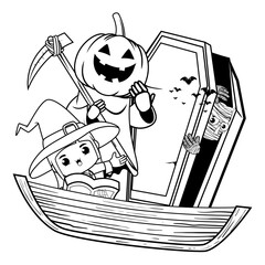 Halloween coloring book with cute girl for kids