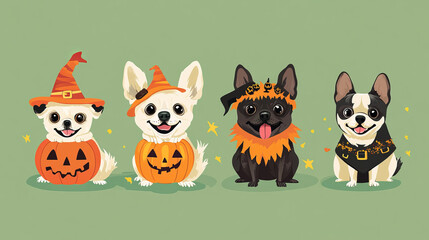 Fototapeta premium Adorable dogs dressed in cute Halloween costumes are ready for trick-or-treating. This festive illustration is perfect for stickers, cards, or any Halloween celebration.