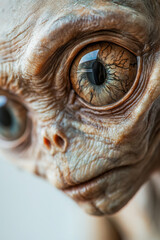 Close-up of a realistic alien model with large, detailed eyes and textured skin, showcasing intricate craftsmanship.