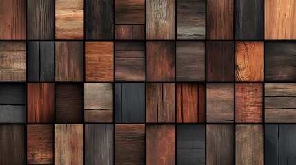 mosaic of dark wooden panels in varying sizes and shades, featuring rich textures and earthy tones