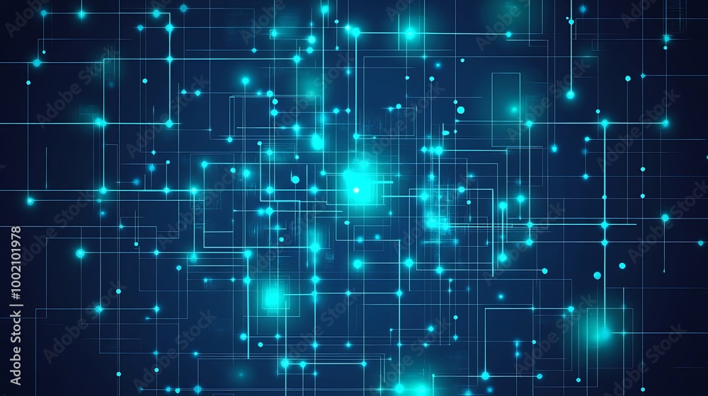 Poster Abstract digital network with glowing lines and dots.