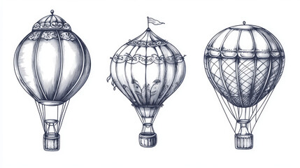 Naklejka premium Vintage Hot Air Balloon. Vector retro flying airship with decorative elements.Template transport for Romantic logo. Hand drawn Engraved sketch.