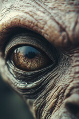 Macro shot of a highly detailed, textured eye of an alien or extraterrestrial being with intricate patterns and reflections.