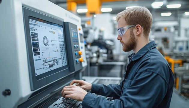 Factory worker programming cnc machine using computer software